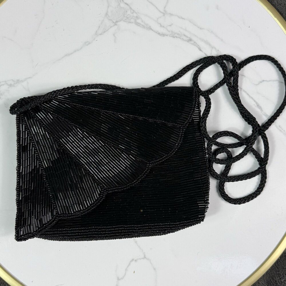Vintage Black Beaded Shell Purse Evening Flap Crossbody Bag Wedding Party Formal